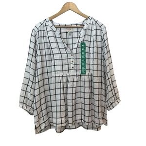 NEW Wrangler XL Women's White Black Plaid Babydoll Sleeves 3/4 Sleeve Blouse